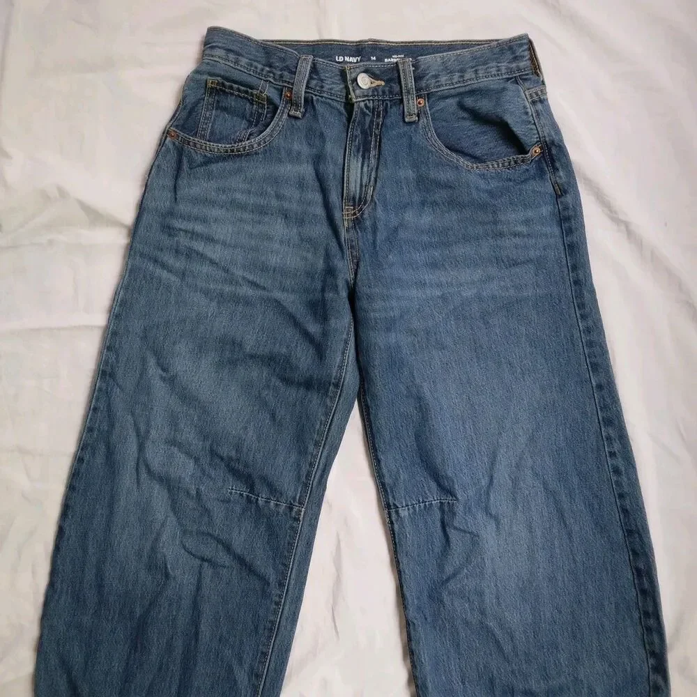 Old Navy Barrel Leg Jeans Adjustable Waist Boho Preppy Girls Size 14